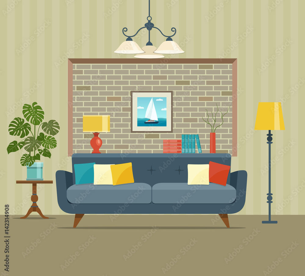 Retro interior living room with bookcase,sofa, houseplant monstera ...