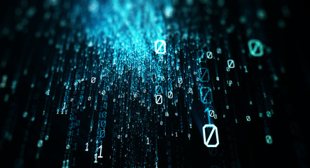 Binary code  background/Blue bytes of binary code flying through a vortex, background code depth of field