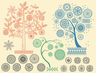 The tree patterns with the different elements vector illustration. Aztecs Mayan ancient civilizations ornaments.