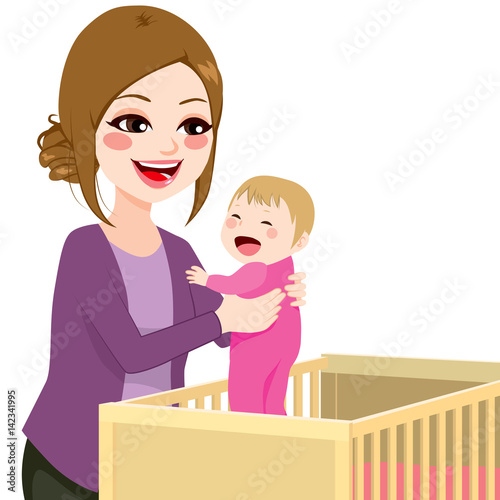 Vettoriale Stock Beautiful young mom picking baby girl from crib