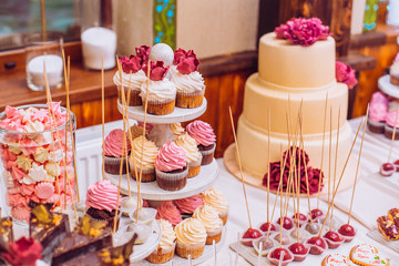 stylish luxury decorated orange candy bar for the celebration of a wedding of happy couple, cathering in the restaurant