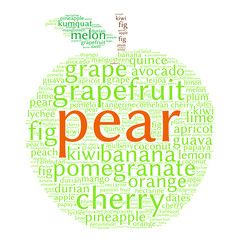 Wall Mural - Pear. Word cloud in shape of fruit, white background. Natural food.