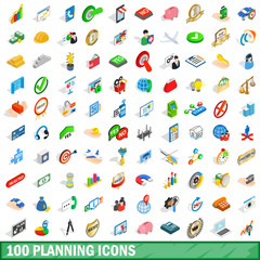 Poster - 100 planning icons set, isometric 3d style