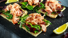 Smoked Salmon Flakes On Salad Bed And Irish Potato Slims Snacks, Appetizers