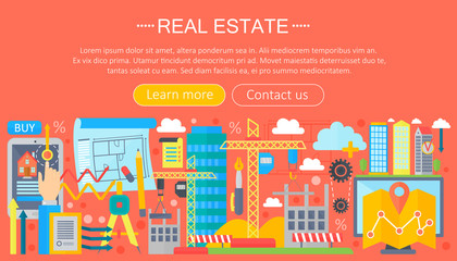 Poster - Real estate design concept set with online search apartment rental market buying flat icon infographics template design, web header icons elements. Vector illustration.