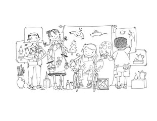  Group of children, include the boy in the wheel chair during the art lesson, drawing and enjoying activities. Illustration