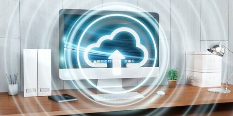 Poster - Workplace with modern hologram cloud icon 3D rendering