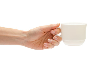 woman hand holding white cup.