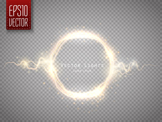 Poster - Golden glow round frame with electric discharge isolated. Vector illustration