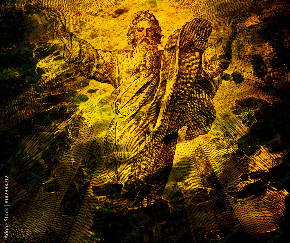 God creator creating the world, graphic collage from engraving of ...