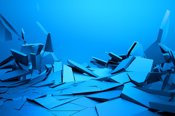 Poster - Abstract 3d rendering of cracked surface. Background with broken shape. Wall destruction. Bursting with debris. Modern cgi illustration. Design for poster, banner, placard, cover, print.