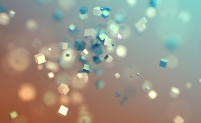 Poster - Abstract 3d rendering of chaotic cubes. Flying shapes in empty space. Dynamic background with bokeh, depth of field effect. Design for poster, banner, placard.