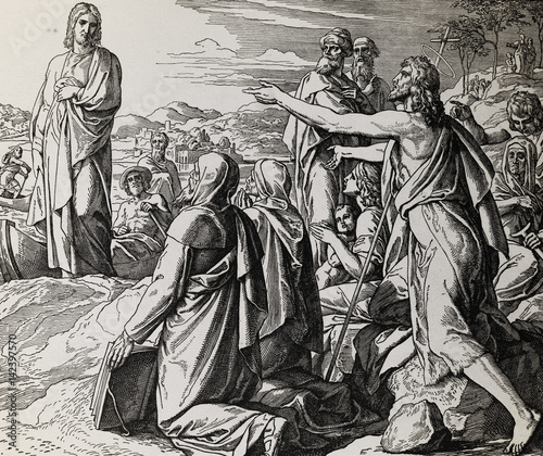 Fotomural John the Baptist gives testimony about Jesus Christ, graphic collage from engraving of Nazareene School, published in The Holy Bible, St