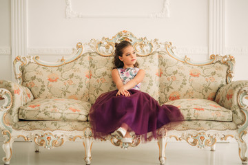 Wall Mural - Beautiful girl in a purple dress and flower blouse posing for a photographer. Photosession for the magazine.