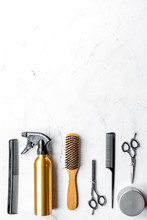 Hairdressing Concept With Barber Tools On White Background Top View Mockup