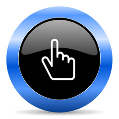 Poster - Cursor hand black and blue web design round internet icon with shadow on white background.