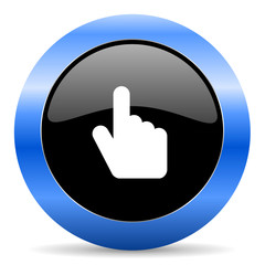 Poster - Hand, cursor black and blue web design round internet icon with shadow on white background.
