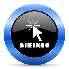 Aufkleber - Online booking black and blue web design round internet icon with shadow on white background.