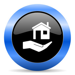 Sticker - House care black and blue web design round internet icon with shadow on white background.