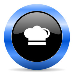 Poster - Cook black and blue web design round internet icon with shadow on white background.