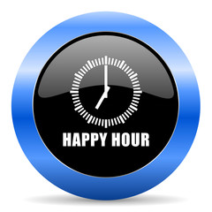 Aufkleber - Happy hour black and blue web design round internet icon with shadow on white background.