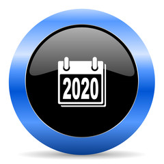 Poster - New year 2020 black and blue web design round internet icon with shadow on white background.
