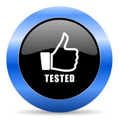 Poster - Tested black and blue web design round internet icon with shadow on white background.