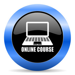 Poster - Online course black and blue web design round internet icon with shadow on white background.