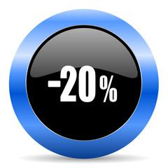 Poster - 20 percent sale retail black and blue web design round internet icon with shadow on white background.