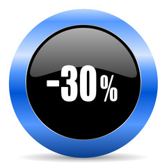 Aufkleber - 30 percent sale retail black and blue web design round internet icon with shadow on white background.