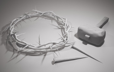 Poster - Crucifixion Of Jesus Christ - Cross With Hammer Nails And Crown Of Thorns 3D Rendering White Background