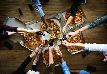 Wall Mural - People Together Eat Pizza Drink Beers