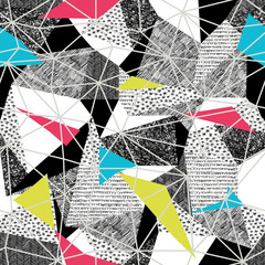 Leinwandbilder - Geometric seamless pattern in retro pop-art style. Vintage background. Triangles and hand drawn patterns. Light Grey Triangular facets. Pink and Cyan and yellow color seamless Triangles