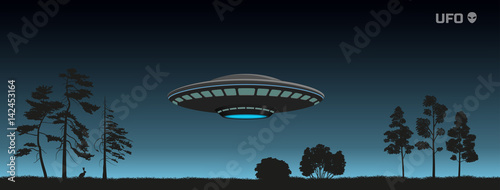 Fotomural Silhouette of UFO over a night forest
