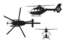 Black Silhouette Of Helicopter On White Background. Top, Side, Front View. Isolated Drawing. Vector Illustration