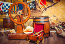 Decoration Of The Room In A Pirate Style, With A Helm And A Treasure Chest