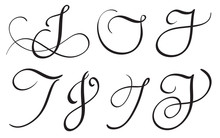 Set Of Art Calligraphy Letter J With Flourish Of Vintage Decorative Whorls. Vector Illustration EPS10
