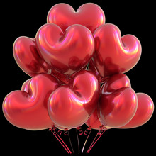 Party Heart Balloons Red Happy Birthday Love Event Decoration Glossy. Valentine's Day Holiday Anniversary Celebrate Christmas Carnival Marriage Greeting Card Concept. 3D Illustration Isolated On Black