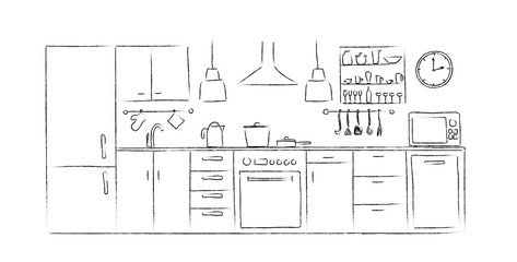 Kitchen interior sketches hand drawing front view. Contour vector illustration kitchen furniture and equipment. Cupboard, shelves, dishes, table, lamp, clock, crane, dishwasher, fridge, microwave.