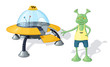 Зеленый инопланетянин-таксист стоит возле желтой летающей тарелки. 
