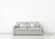 Simple and neutral interior wall mock up with grey fabric sofa, pillows and plaid on clear white background. 3D rendering.