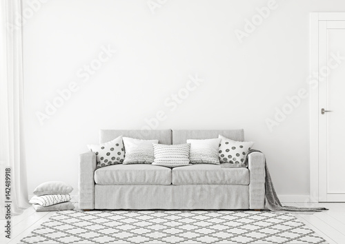 Simple And Neutral Livingroom Interior With Grey Sofa Graphic Simple And Neutral Livingroom Interior With Grey Sofa Graphic Pattern Pillows Plaid Scandinavian