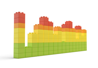 Poster - 3d rendering of multi-colored toy bricks making up high uneven towers or graphs on white background.