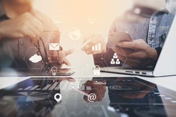 Poster - co working team meeting concept,businessman using smart phone and laptop and digital tablet computer in modern office with virtual interface icons network diagram