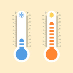 Poster - Meteorology thermometers. Cold and heat temperature. Flat style vector illustration.