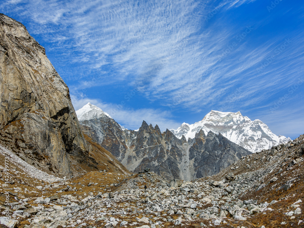 The ridge Mahalangur Himal and Gokyo moraine. Mount Cho Oyu (8201 m ...