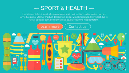 Wall Mural - Healthy lifestyle concept with food and sport icons. Sport and fitness flat concept infographics template header design. Vector illustration.