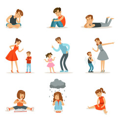 Poster - Mutual relations of parents and children, mom and dad scream and scold their children, negative children emotions