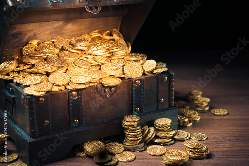 Open treasure chest with gold coins on a dark background