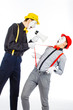 © fusssergei - Two clown, MIME, flashy Megaphone. The expression of emotions. On a white background.